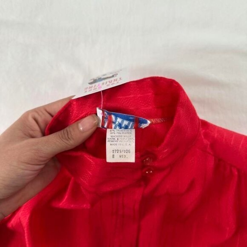 80s Cindy Collins Vintage Red Blouse Mock Neck Long Sleeve Top‎ Medium - Picture 3 of 5